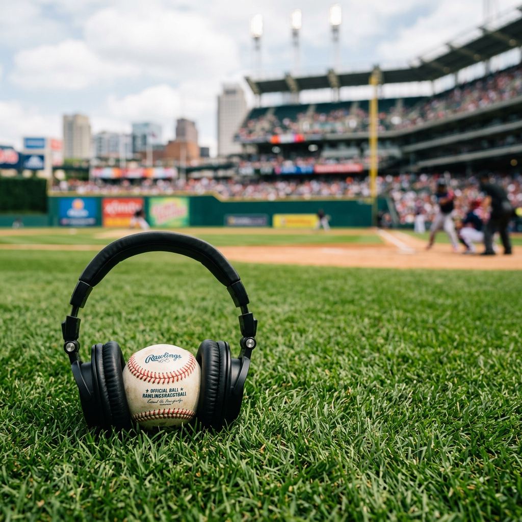 Baseball wearing black headphones on grass with a blurred stadium and players in the background